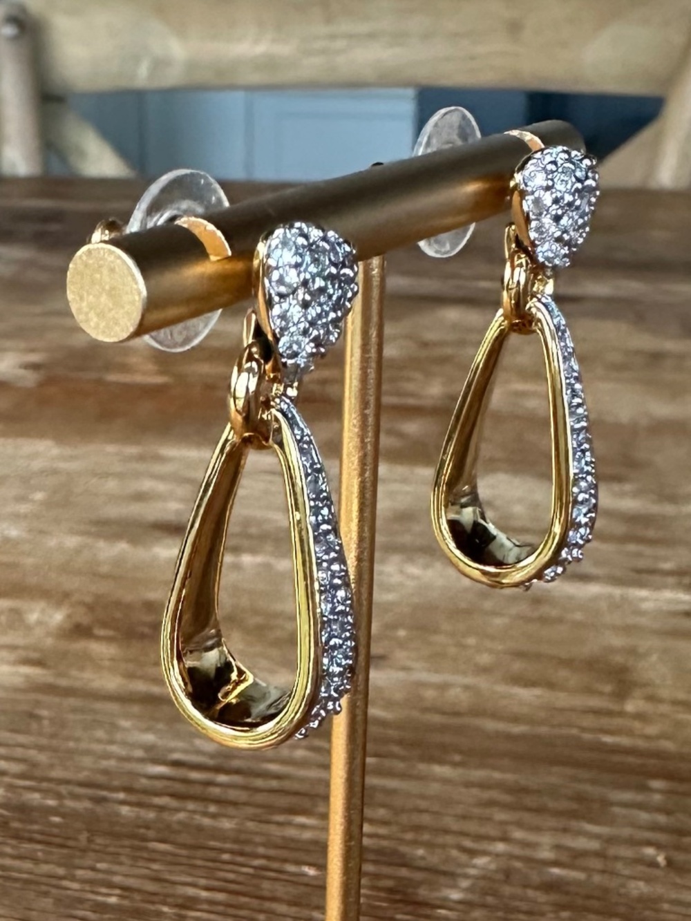 Swarovski Crystal Pavé Elongated Drop Earrings Gold Tone Statement Dangles - Picture 7 of 12